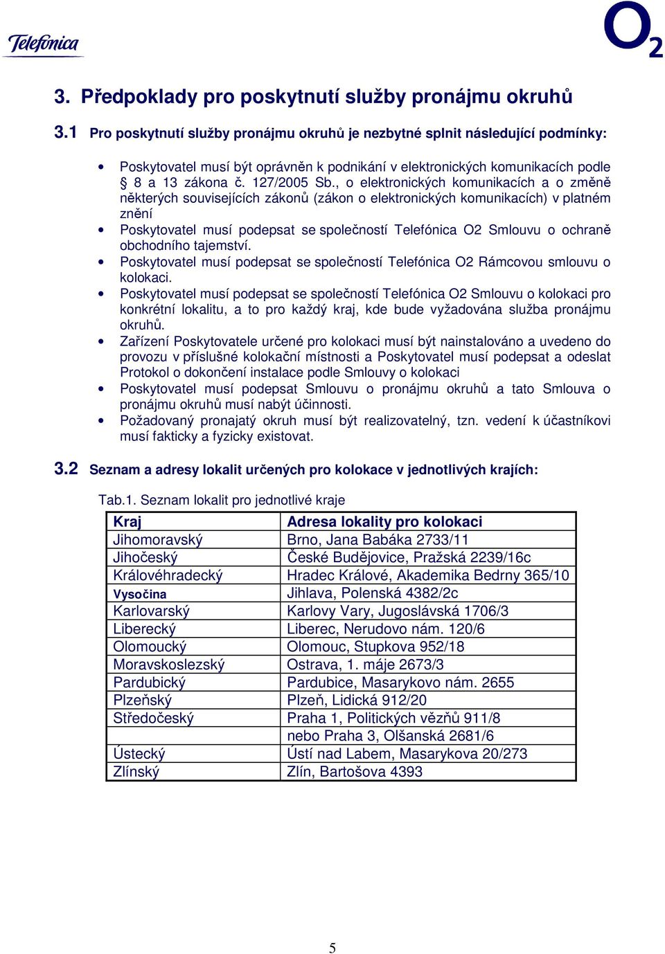 , o elektronických komunikacích a o změně některých souvisejících zákonů (zákon o elektronických komunikacích) v platném znění Poskytovatel musí podepsat se společností Telefónica O2 Smlouvu o