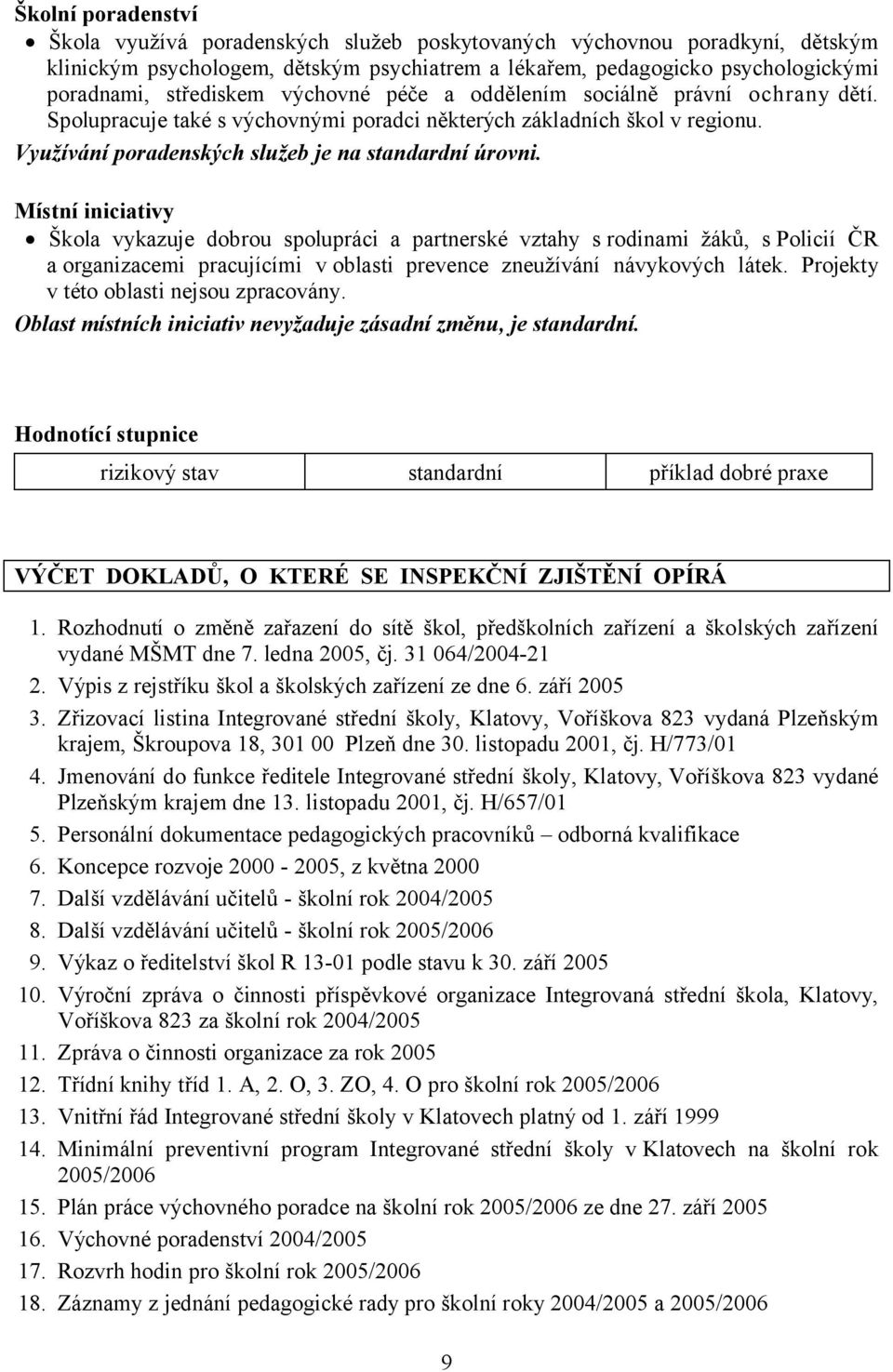 Místní iniciativy Škola vykazuje dobrou spolupráci a partnerské vztahy s rodinami žáků, s Policií ČR a organizacemi pracujícími v oblasti prevence zneužívání návykových látek.