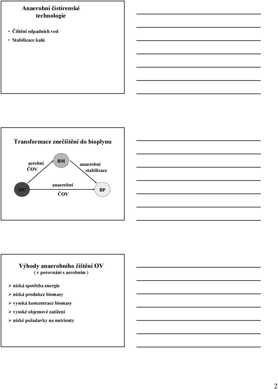 anaerobního čištění OV ( v porovnání s aerobním ) nízká spotřeba energie nízká produkce