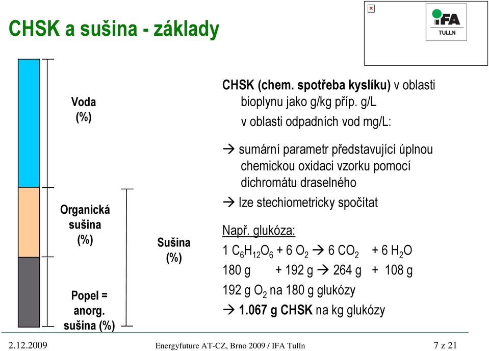 g/l v oblasti odpadních vod mg/l: sumární parametr představující úplnou chemickou oxidaci vzorku pomocí dichromátu draselného