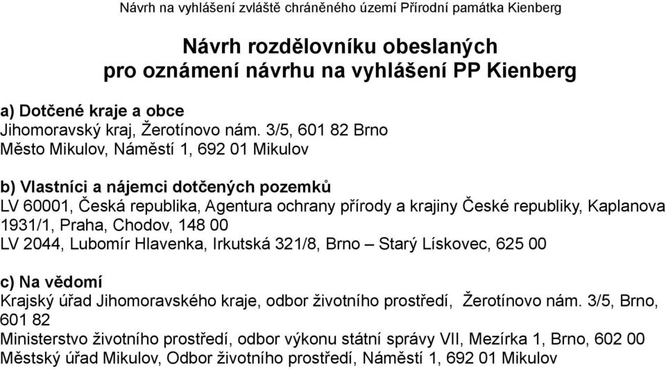 Kaplanova 1931/1, Praha, Chodov, 148 00 LV 2044, Lubomír Hlavenka, Irkutská 321/8, Brno Starý Lískovec, 625 00 c) Na vědomí Krajský úřad Jihomoravského kraje, odbor