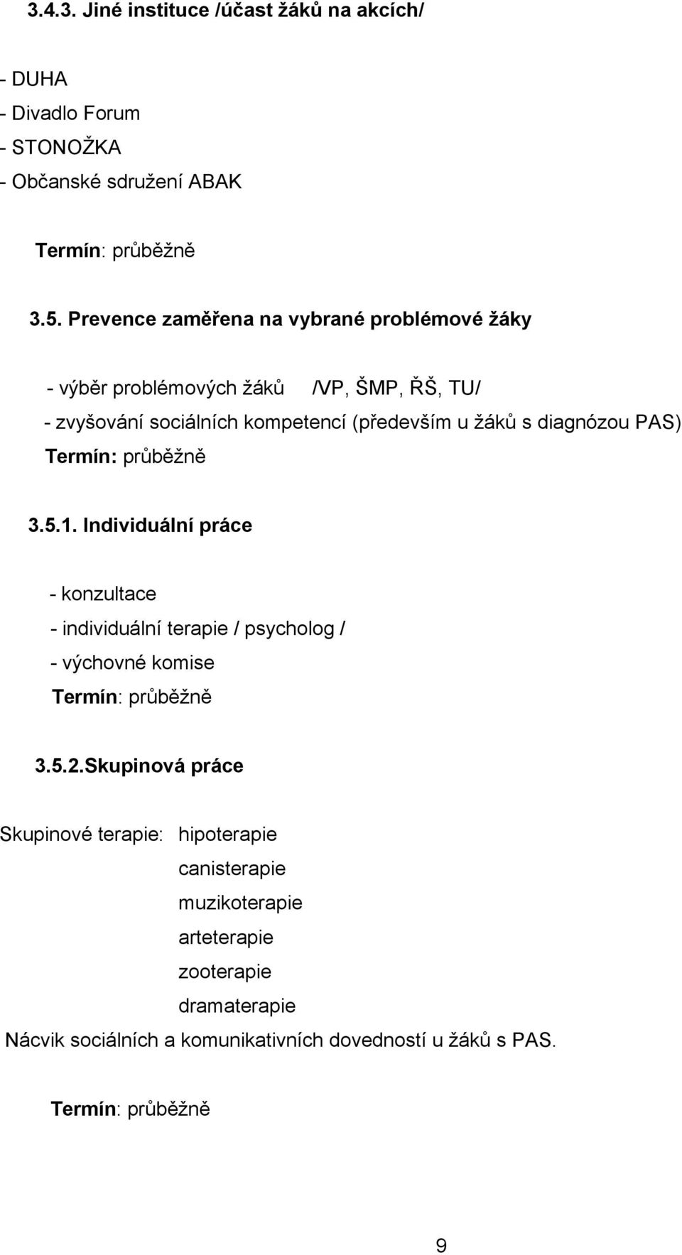 u žáků s diagnózou PAS) 3.5.1. Individuální práce - konzultace - individuální terapie / psycholog / - výchovné komise 3.5.2.