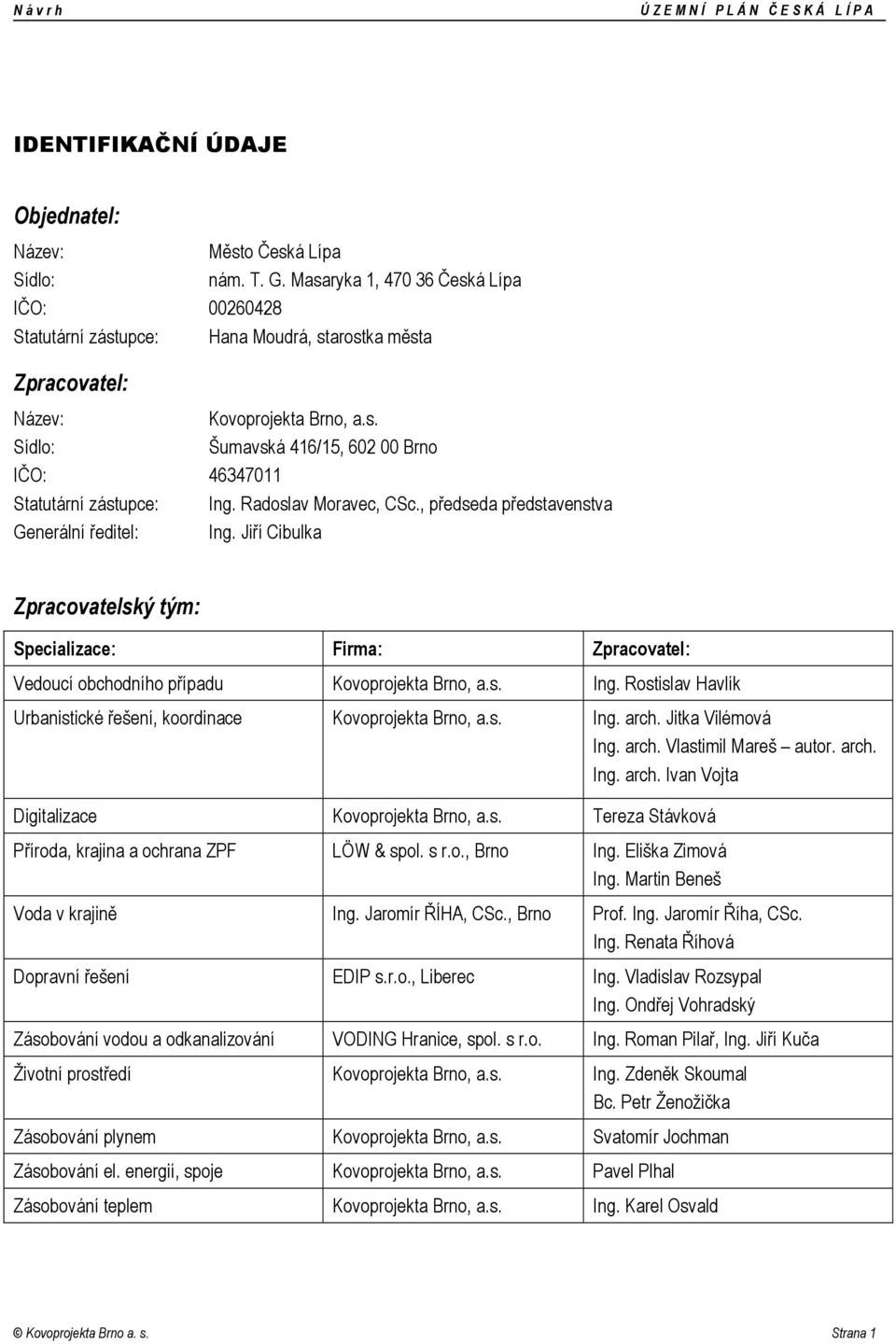 Radoslav Moravec, CSc., předseda představenstva Generální ředitel: Ing. Jiří Cibulka Zpracovatelský tým: Specializace: Firma: Zpracovatel: Vedoucí obchodního případu Kovoprojekta Brno, a.s. Ing. Rostislav Havlík Urbanistické řešení, koordinace Kovoprojekta Brno, a.