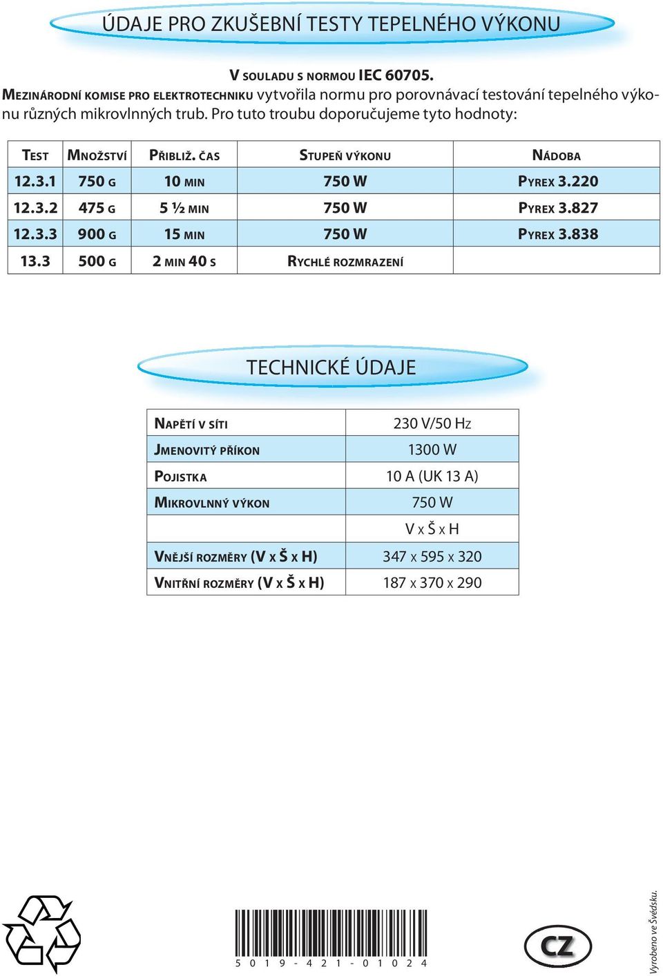 Pro tuto troubu doporučujeme tyto hodnoty: TEST MNOŽSTVÍ PŘIBLIŽ. ČAS STUPEŇ VÝKONU NÁDOBA 12.3.1 750 G 10 MIN 750 W PYREX 3.220 12.3.2 475 G 5 ½ MIN 750 W PYREX 3.827 12.3.3 900 G 15 MIN 750 W PYREX 3.