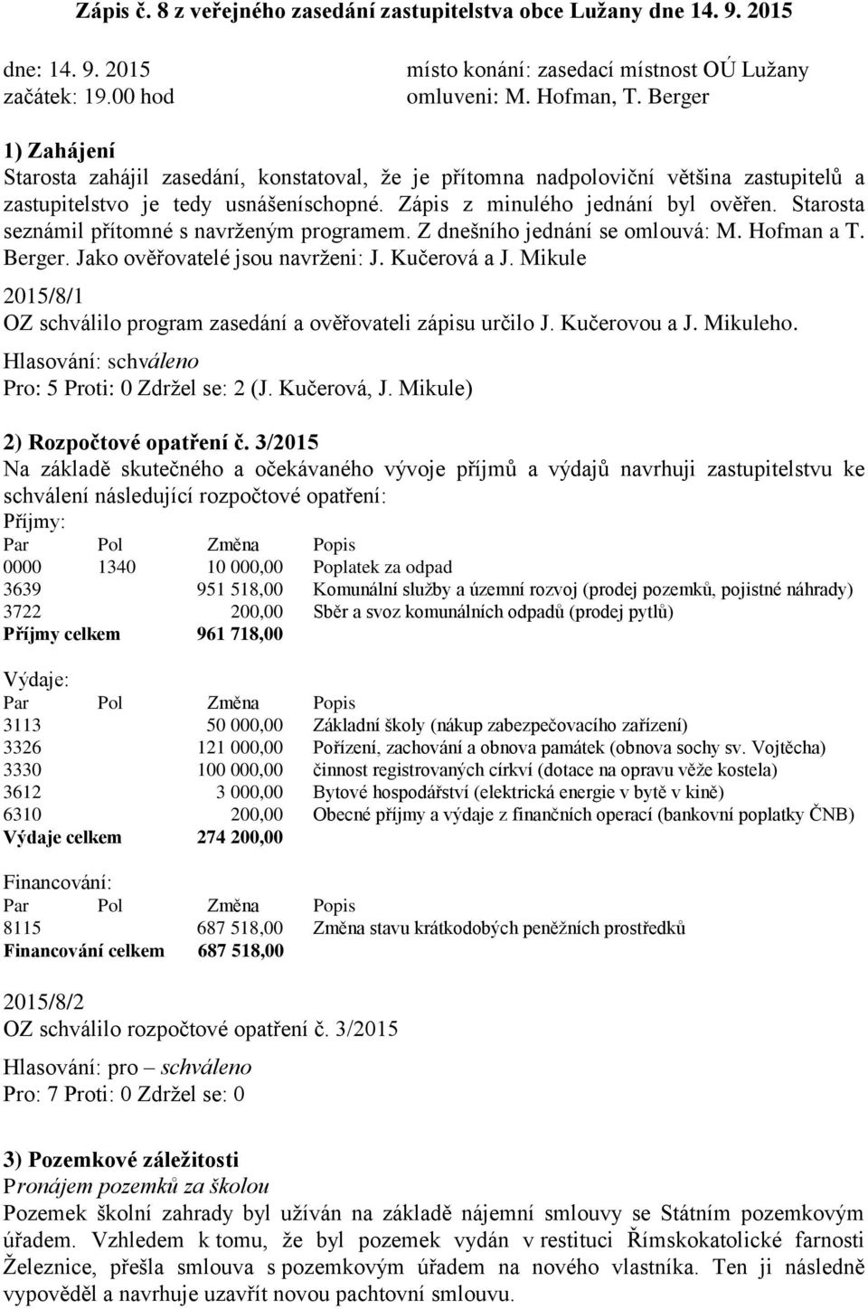 Starosta seznámil přítomné s navrženým programem. Z dnešního jednání se omlouvá: M. Hofman a T. Berger. Jako ověřovatelé jsou navrženi: J. Kučerová a J.