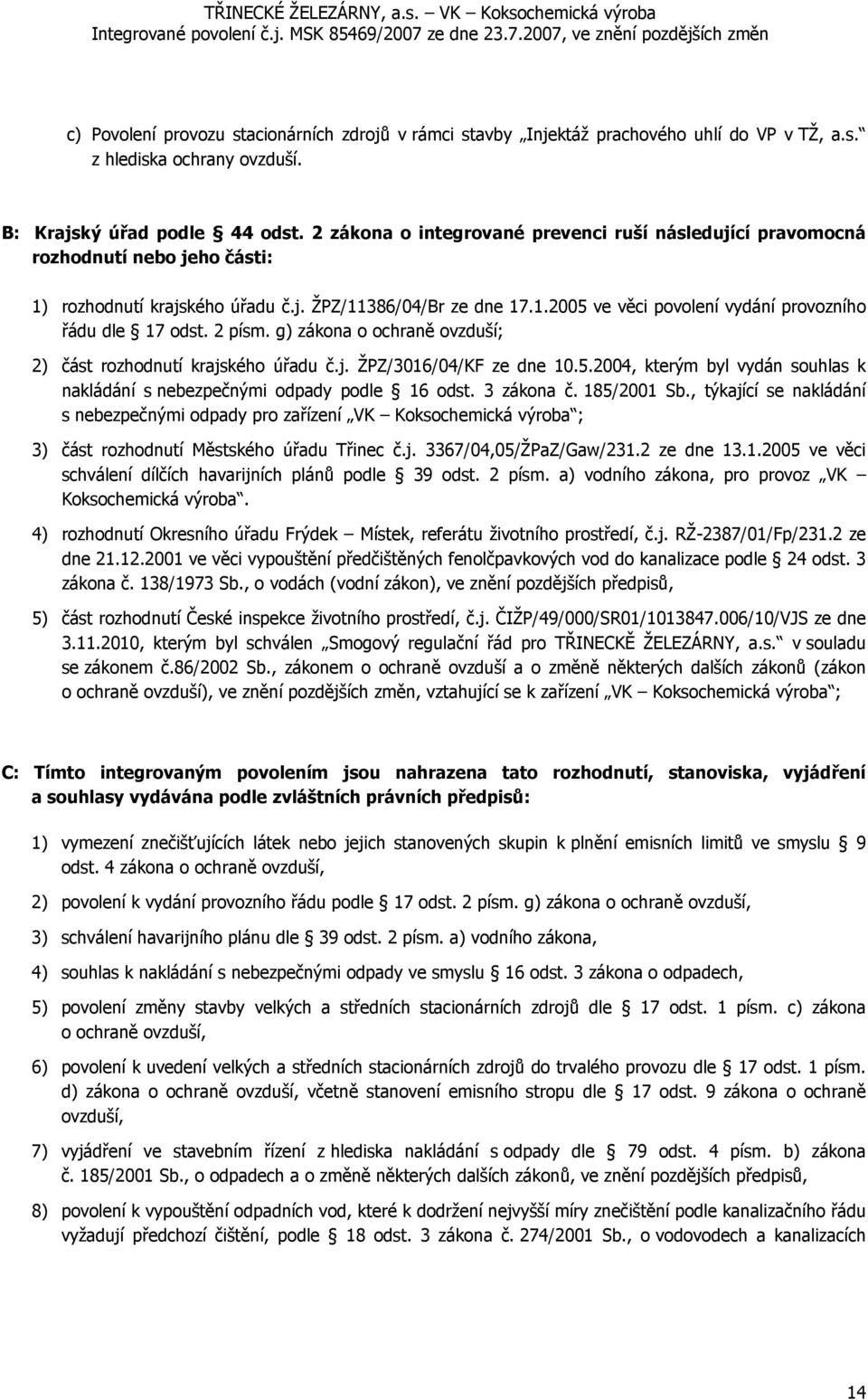 2 písm. g) zákona o ochraně ovzduší; 2) část rozhodnutí krajského úřadu č.j. ŽPZ/3016/04/KF ze dne 10.5.2004, kterým byl vydán souhlas k nakládání s nebezpečnými odpady podle 16 odst. 3 zákona č.