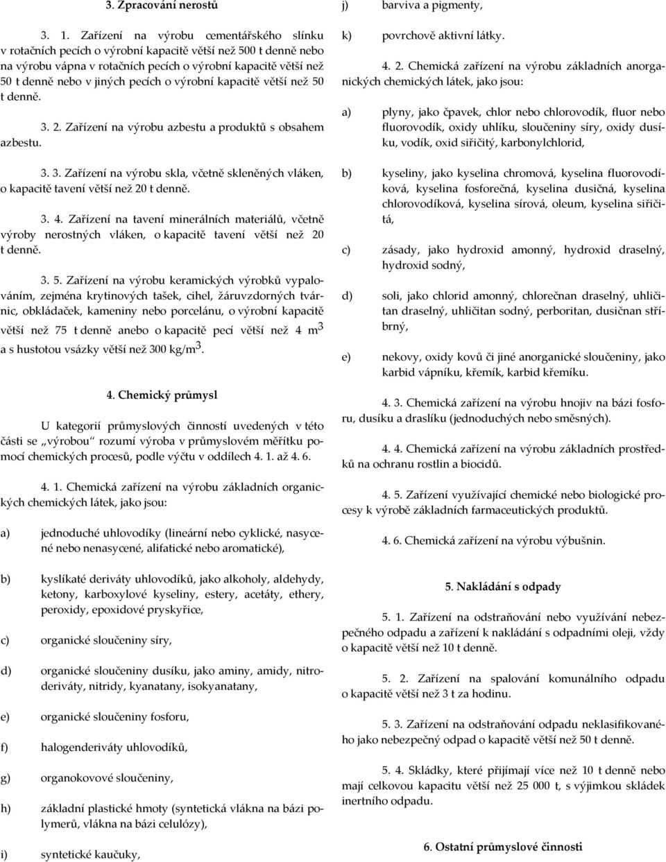 pecích o výrobní kapacitě větší než 50 t denně. 3. 2. Zařízení na výrobu azbestu a produktů s obsahem azbestu. 3. 3. Zařízení na výrobu skla, včetně skleněných vláken, o kapacitě tavení větší než 20 t denně.