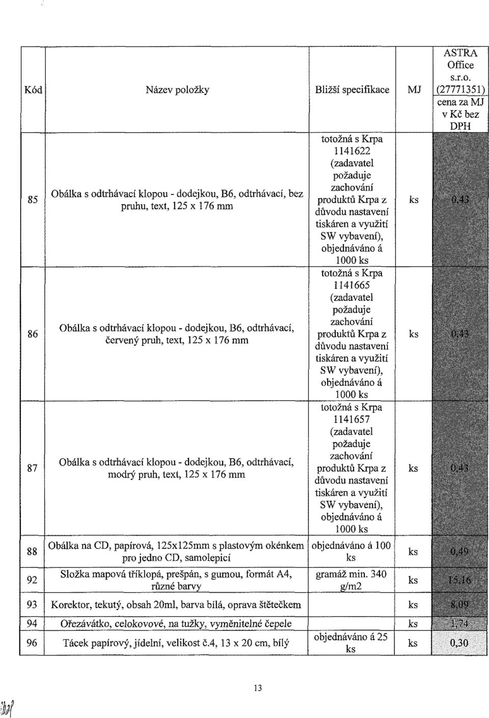 a využití SW vybavení), objednáváno á 1000 totožná s Krpa 1141665 (zadavatel požaduje zachovám produktů Krpa z důvodu nastavení tiskáren a využití SW vybavení), objednáváno á 1000 totožná s Krpa