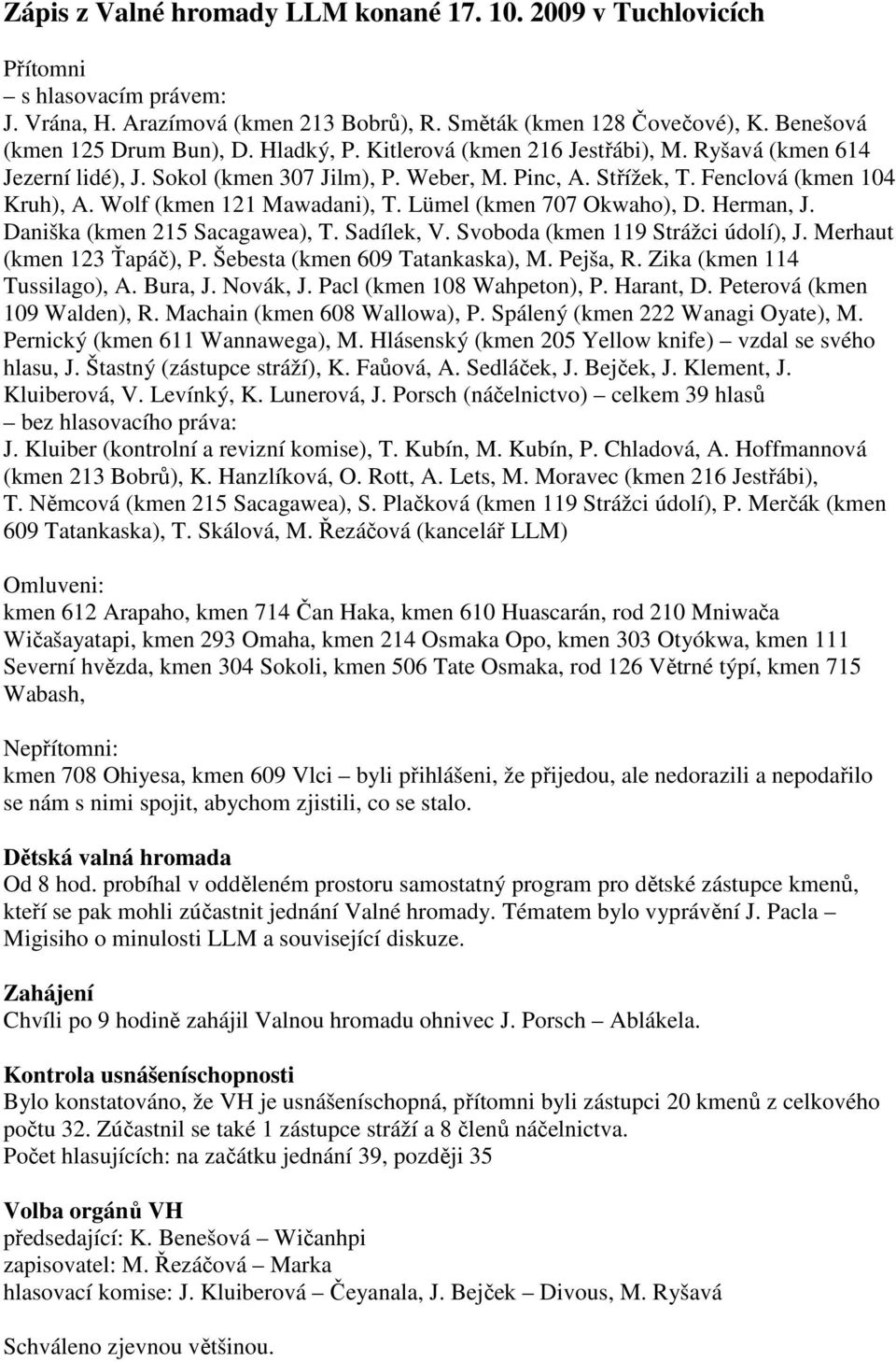 Lümel (kmen 707 Okwaho), D. Herman, J. Daniška (kmen 215 Sacagawea), T. Sadílek, V. Svoboda (kmen 119 Strážci údolí), J. Merhaut (kmen 123 Ťapáč), P. Šebesta (kmen 609 Tatankaska), M. Pejša, R.