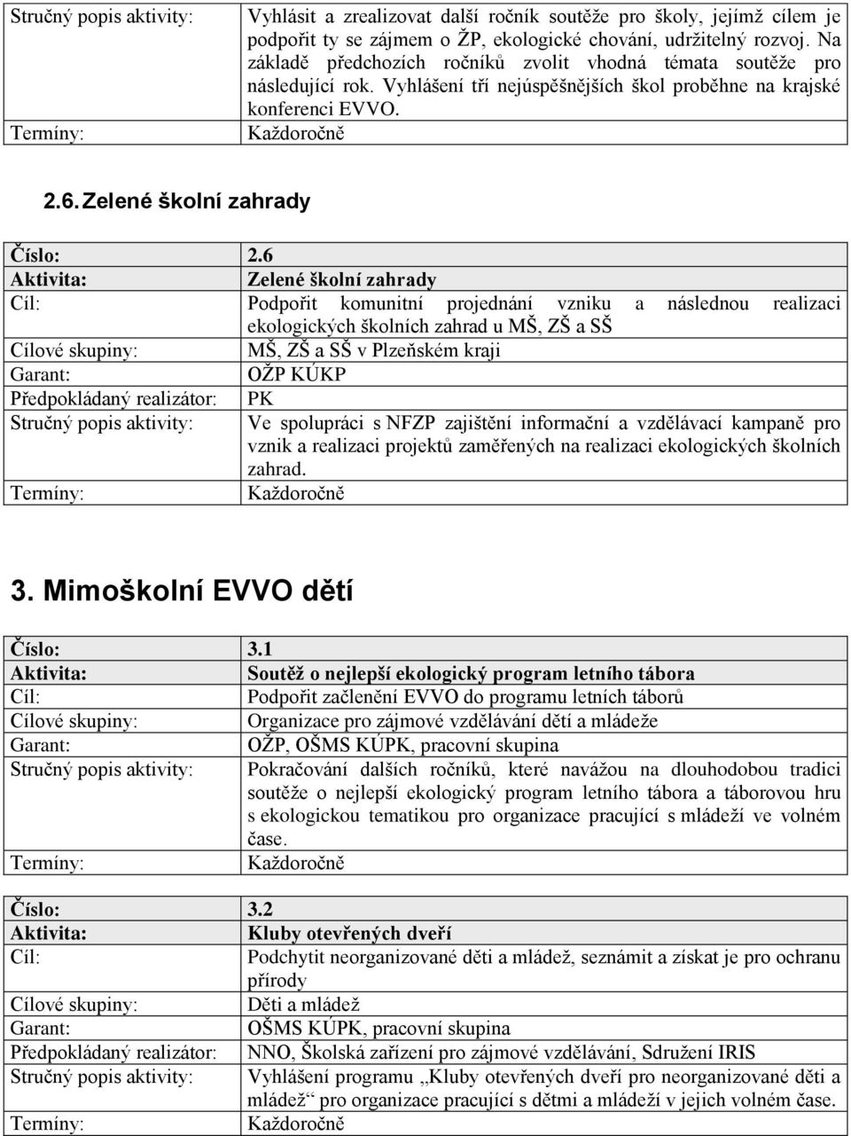 6 Zelené školní zahrady Podpořit komunitní projednání vzniku a následnou realizaci ekologických školních zahrad u MŠ, ZŠ a SŠ MŠ, ZŠ a SŠ v Plzeňském kraji OŽP KÚKP Předpokládaný realizátor: PK