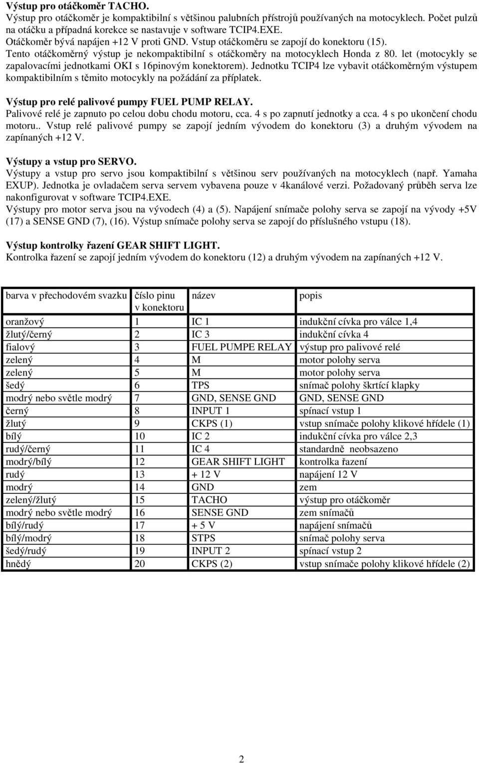 let (motocykly se zapalovacími jednotkami OKI s 16pinovým konektorem). Jednotku TCIP4 lze vybavit otáčkoměrným výstupem kompaktibilním s těmito motocykly na požádání za příplatek.