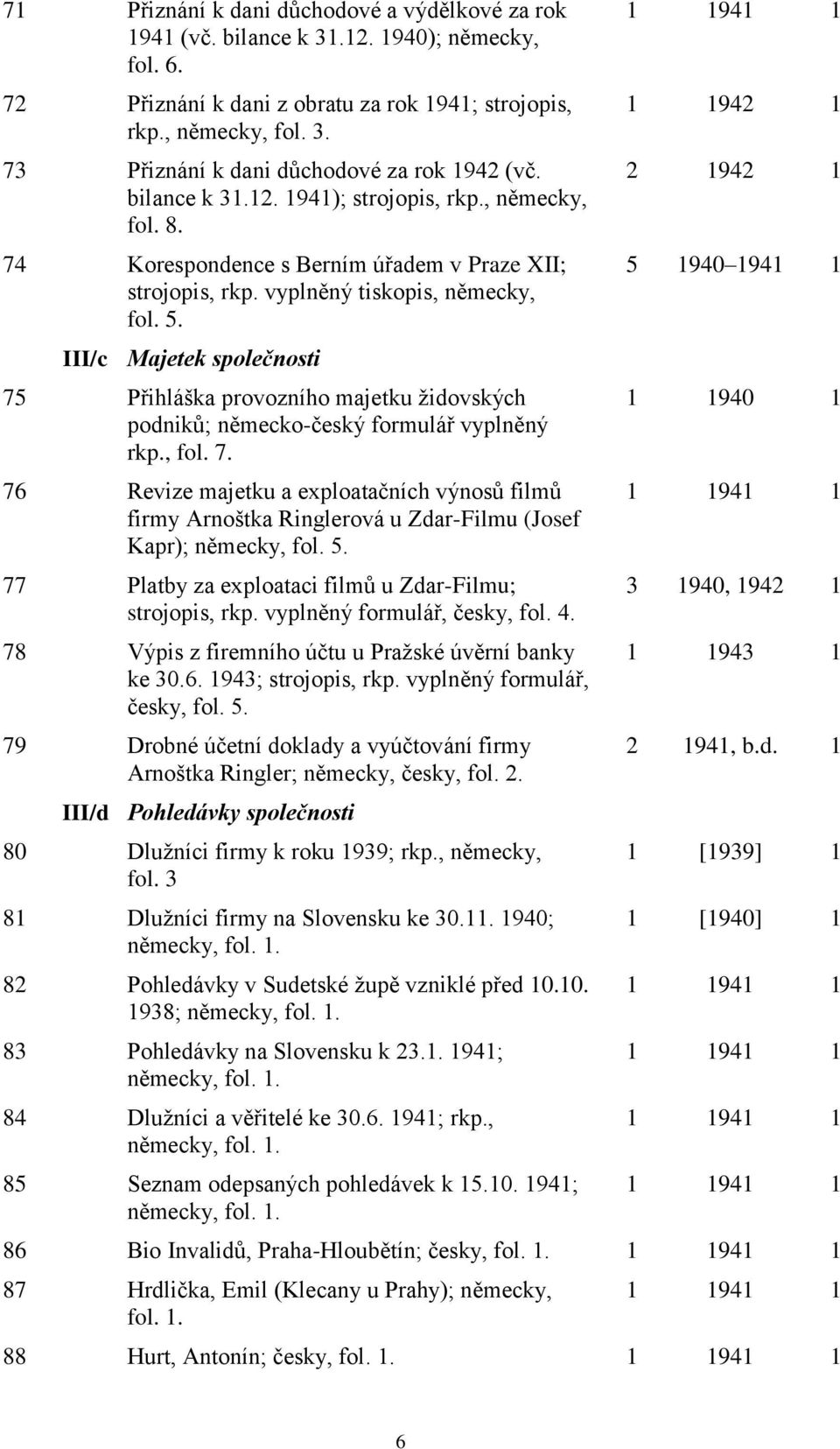 III/c Majetek společnosti 75 Přihláška provozního majetku židovských podniků; německo-český formulář vyplněný rkp., fol. 7. 76 Revize majetku a exploatačních výnosů filmů firmy Arnoštka Ringlerová u Zdar-Filmu (Josef Kapr); německy, fol.