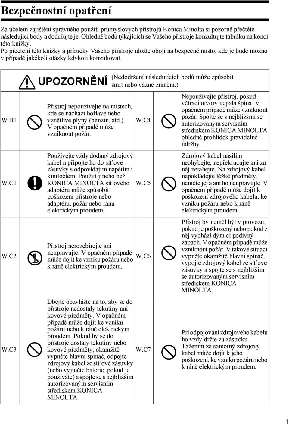 Po přečtení této knížky a příručky Vašeho přístroje uložte obojí na bezpečné místo, kde je bude možno v případě jakékoli otázky kdykoli konzultovat. W.B1 W.C1 W.C2 W.