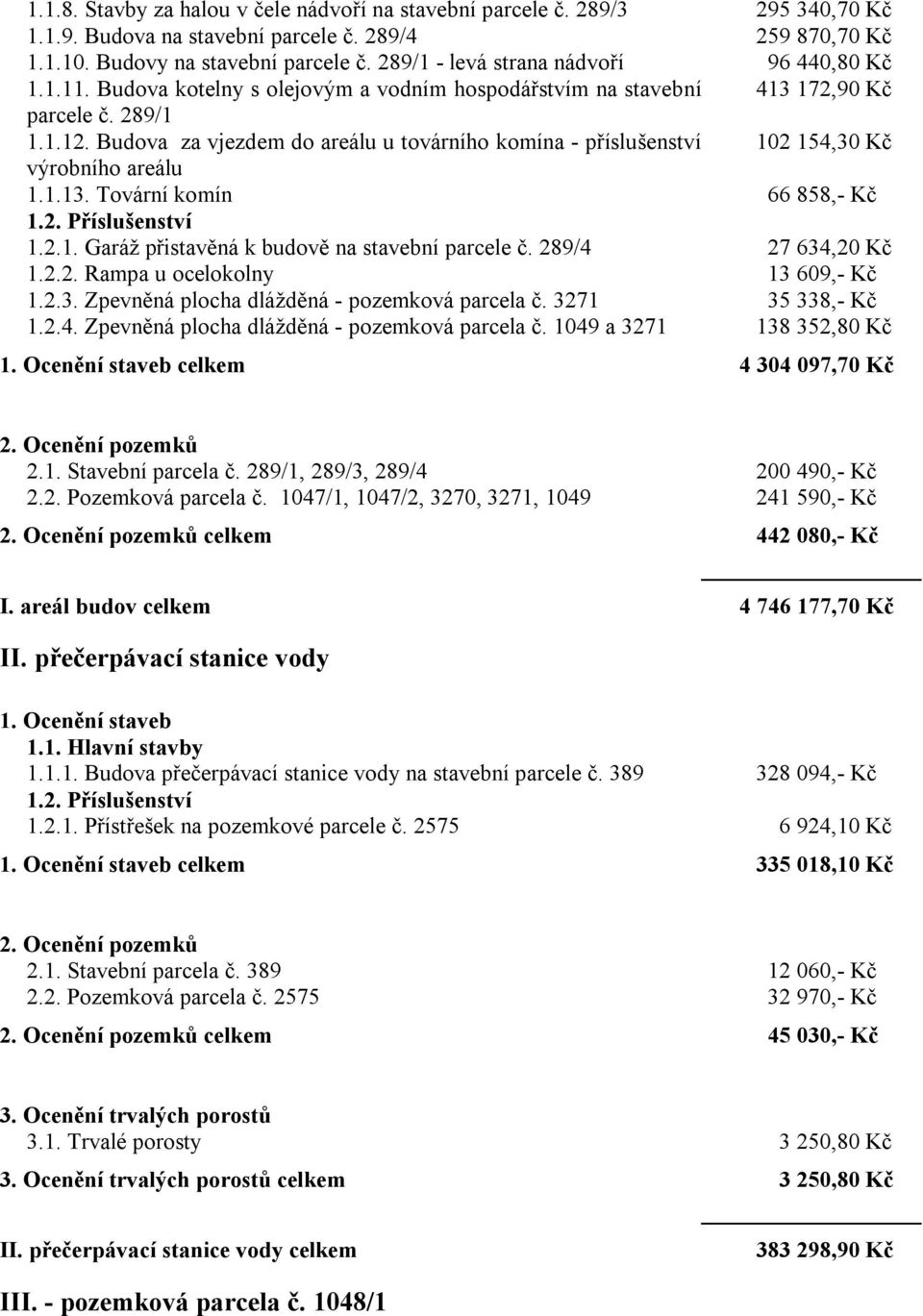 Budova za vjezdem do areálu u továrního komína - příslušenství 102 154,30 Kč výrobního areálu 1.1.13. Tovární komín 66 858,- Kč 1.2. Příslušenství 1.2.1. Garáž přistavěná k budově na stavební parcele č.