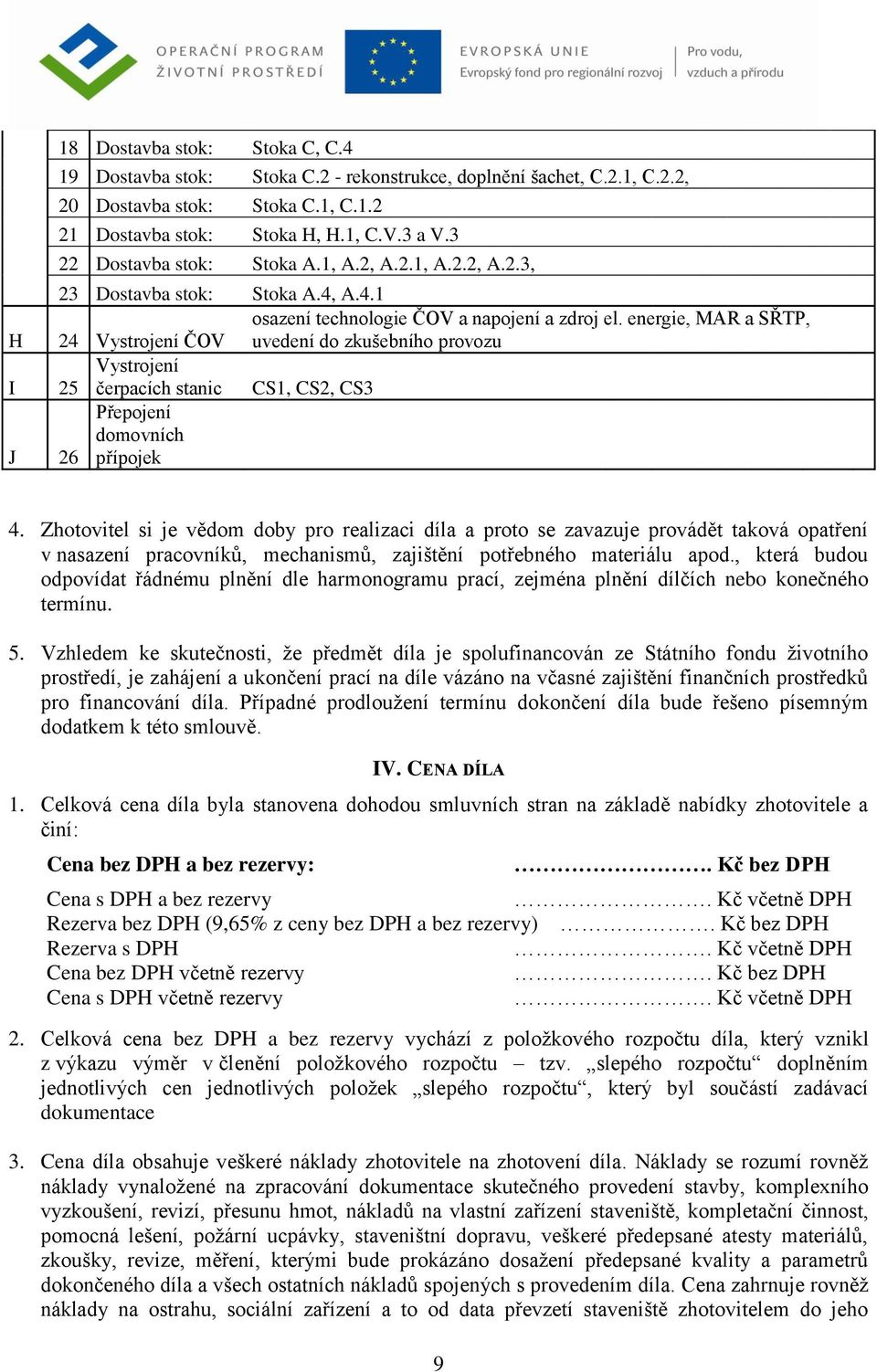 energie, MAR a SŘTP, uvedení do zkušebního provozu Vystrojení I 25 čerpacích stanic CS1, CS2, CS3 J 26 Přepojení domovních přípojek 4.