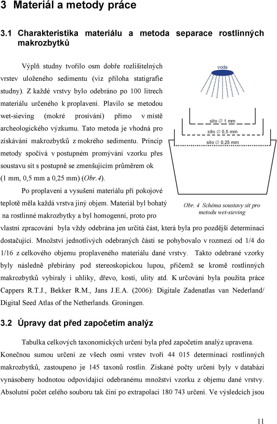 Z každé vrstvy bylo odebráno po 100 litrech materiálu určeného k proplavení. Plavilo se metodou wet-sieving (mokré prosívání) přímo v místě archeologického výzkumu.