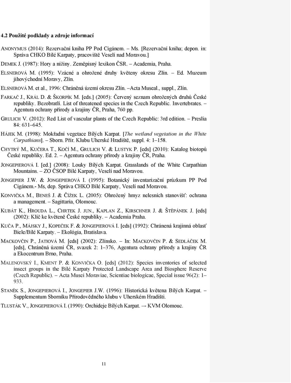 , 1996: Chráněná území okresu Zlín. Acta Museal., suppl., Zlín. FARKAČ J., KRÁL D. & ŠKORPÍK M. [eds.] (2005): Červený seznam ohrožených druhů České republiky. Bezobratlí.