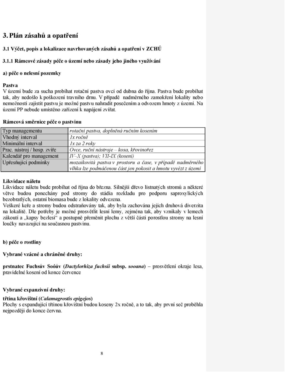 Na území PP nebude umístěno zařízení k napájení zvířat. Rámcová směrnice péče o pastvinu Typ managementu Vhodný interval Minimální interval Prac. nástroj / hosp.