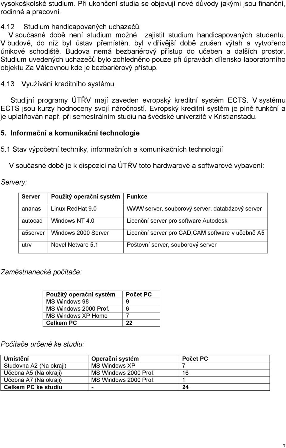 Budova nemá bezbariérový přístup do učeben a dalších prostor. Studium uvedených uchazečů bylo zohledněno pouze při úpravách dílensko-laboratorního objektu Za Válcovnou kde je bezbariérový přístup. 4.