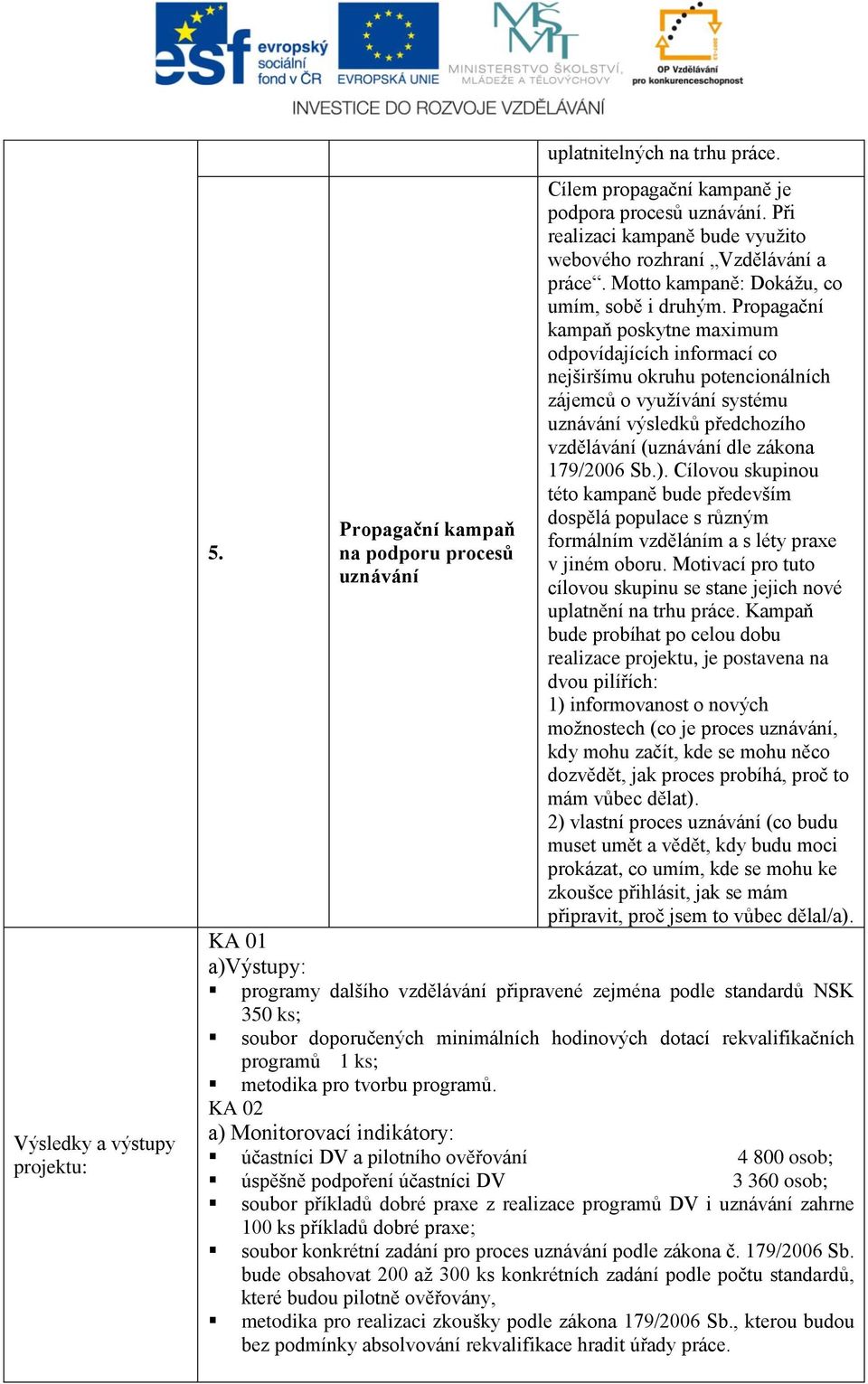 Propagační kampaň poskytne maximum odpovídajících informací co nejširšímu okruhu potencionálních zájemců o využívání systému uznávání výsledků předchozího vzdělávání (uznávání dle zákona 179/2006 Sb.