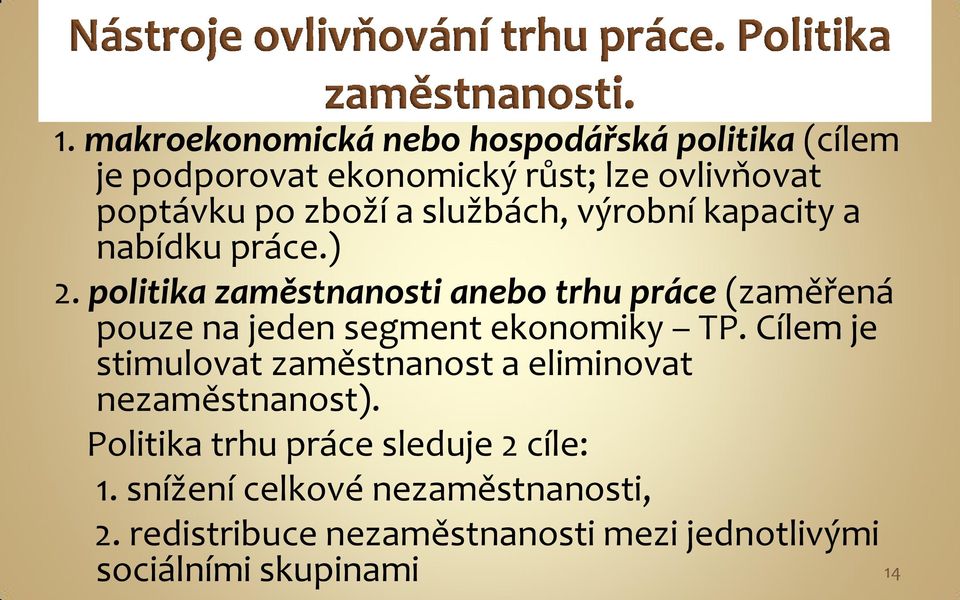 politika zaměstnanosti anebo trhu práce (zaměřená pouze na jeden segment ekonomiky TP.