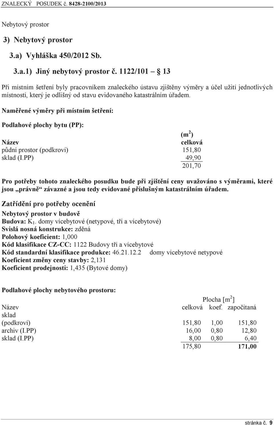 Naměřené výměry při místním šetření: Podlahové plochy bytu (PP): (m 2 ) Název celková půdní prostor (podkroví) 151,80 sklad (I.