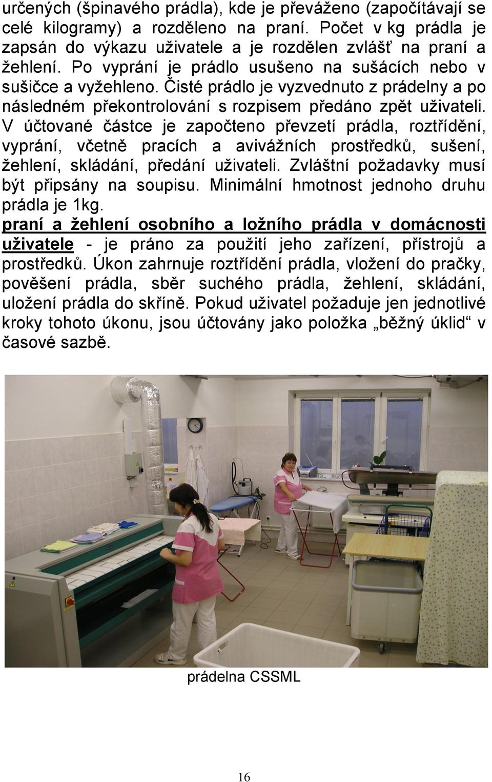 V účtované částce je započteno převzetí prádla, roztřídění, vyprání, včetně pracích a avivážních prostředků, sušení, žehlení, skládání, předání uživateli.