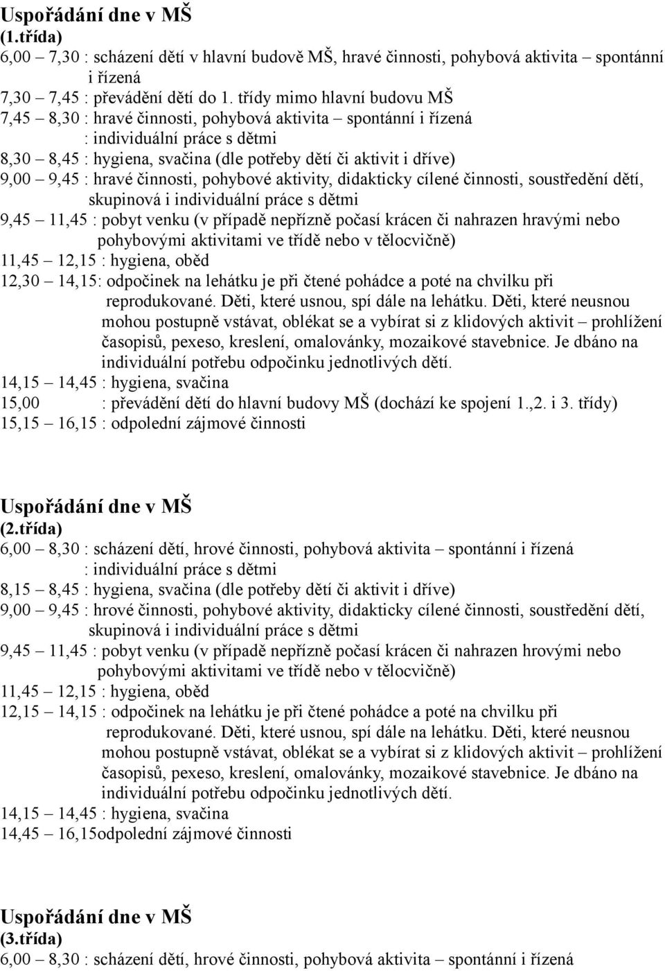 : hravé činnosti, pohybové aktivity, didakticky cílené činnosti, soustředění dětí, skupinová i individuální práce s dětmi 9,45 11,45 : pobyt venku (v případě nepřízně počasí krácen či nahrazen