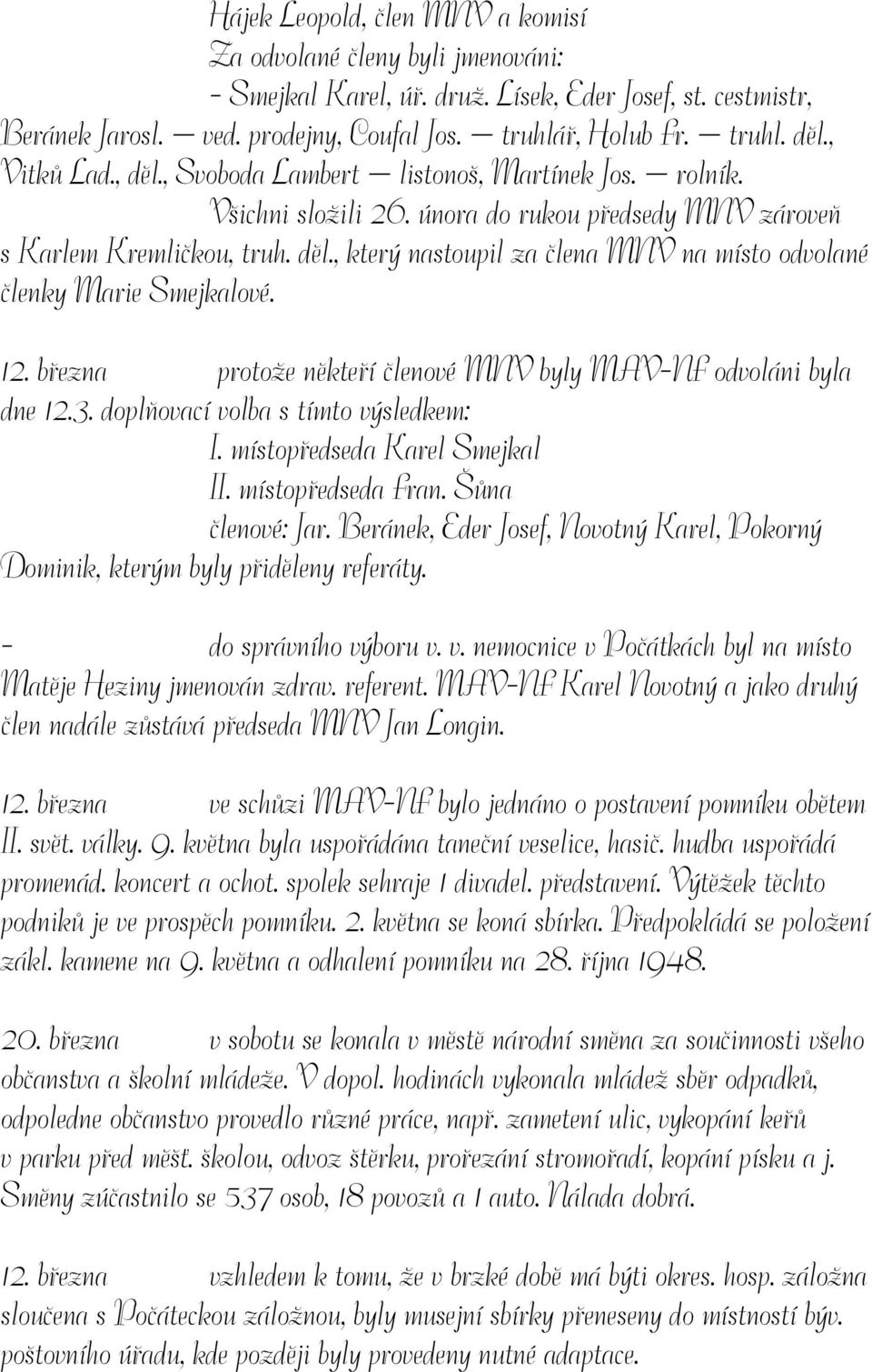 12. března protože někteří členové MNV byly MAV-NF odvoláni byla dne 12.3. doplňovací volba s tímto výsledkem: I. místopředseda Karel Smejkal II. místopředseda Fran. Šůna členové: Jar.