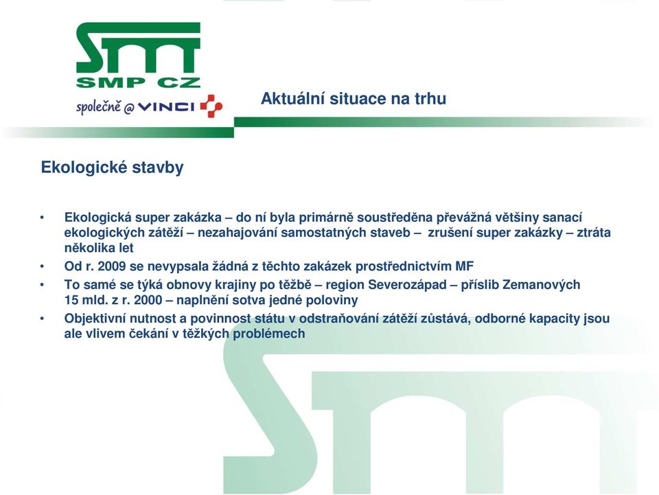 2009 se nevypsala žádná z těchto zakázek prostřednictvím MF To samé se týká obnovy krajiny po těžbě region Severozápad příslib