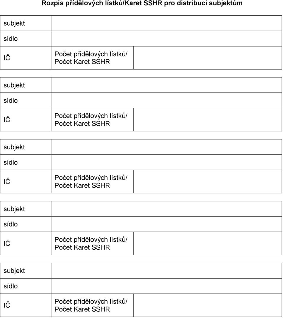 Karet SSHR subjekt sídlo IČ Počet  Karet SSHR subjekt sídlo IČ Počet přídělových lístků/