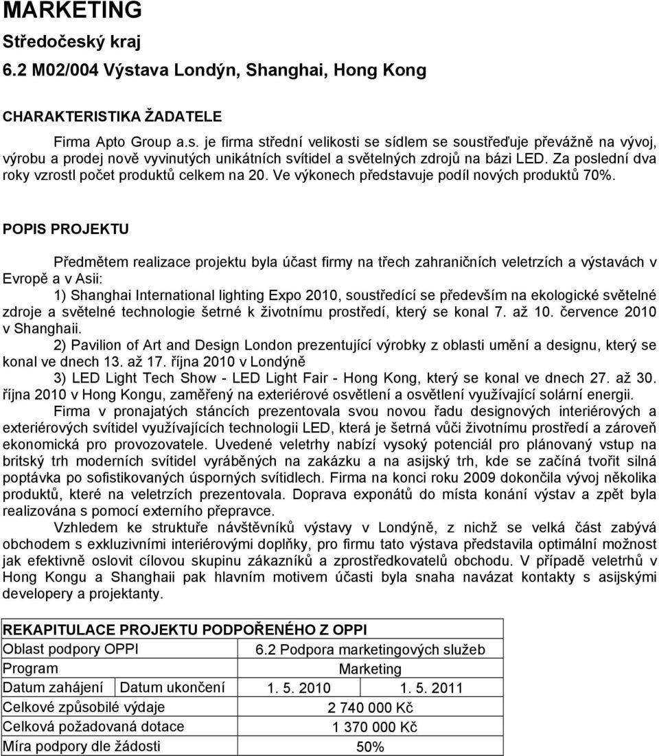 Předmětem realizace projektu byla účast firmy na třech zahraničních veletrzích a výstavách v Evropě a v Asii: 1) Shanghai International lighting Expo 2010, soustředící se především na ekologické