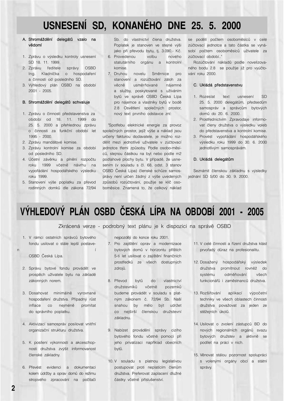 5. 2000 a pfiehlednou zprávu o ãinnosti za funkãní období let 1995-2000. 2. Zprávu mandátové komise. 3. Zprávu kontrolní komise za období od posledního SD. 4.