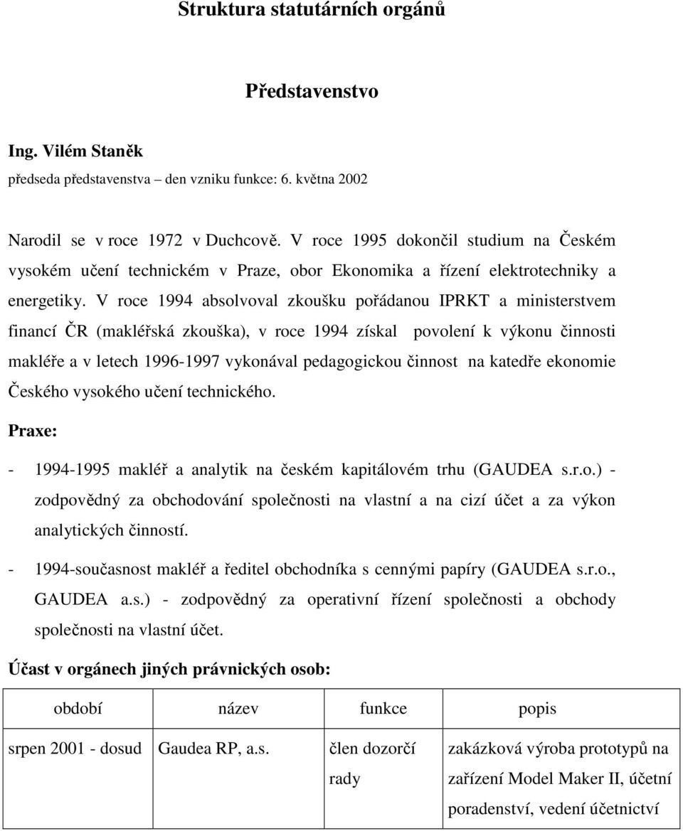 V roce 1994 absolvoval zkoušku pořádanou IPRKT a ministerstvem financí ČR (makléřská zkouška), v roce 1994 získal povolení k výkonu činnosti makléře a v letech 1996-1997 vykonával pedagogickou