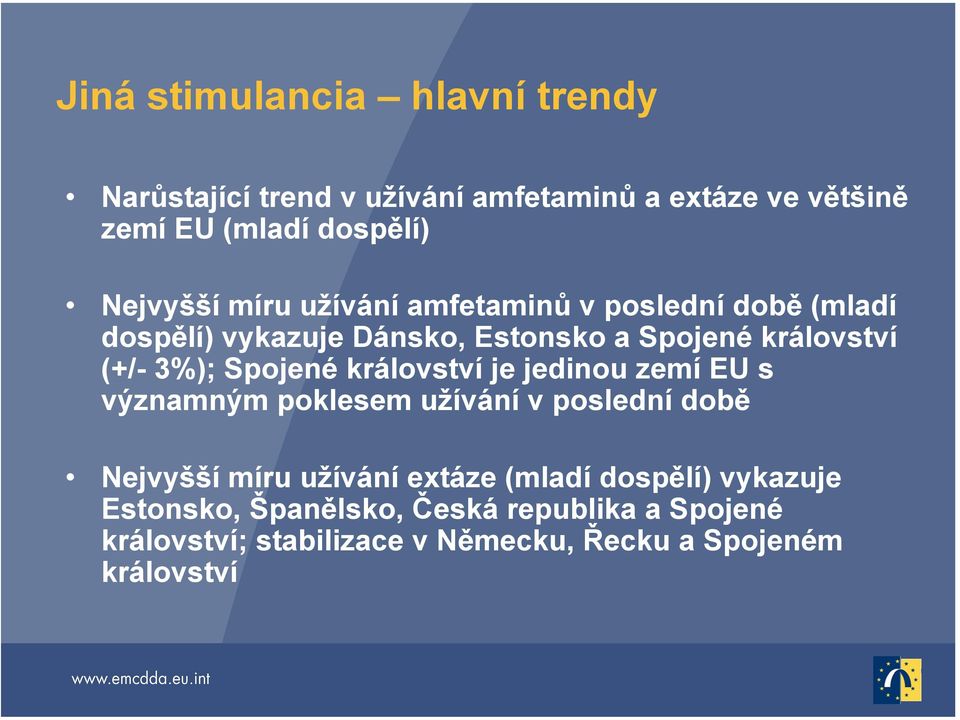 3%); Spojené království je jedinou zemí EU s významným poklesem užívání v poslední době Nejvyšší míru užívání extáze