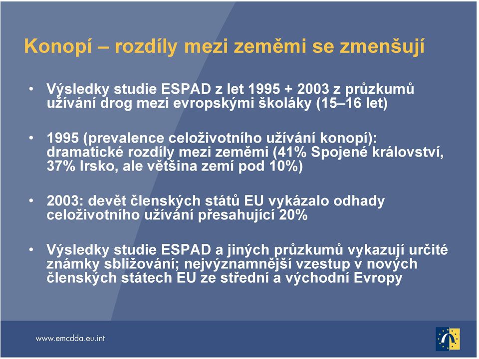 většina zemí pod 10%) 2003: devět členských států EU vykázalo odhady celoživotního užívání přesahující 20% Výsledky studie ESPAD a