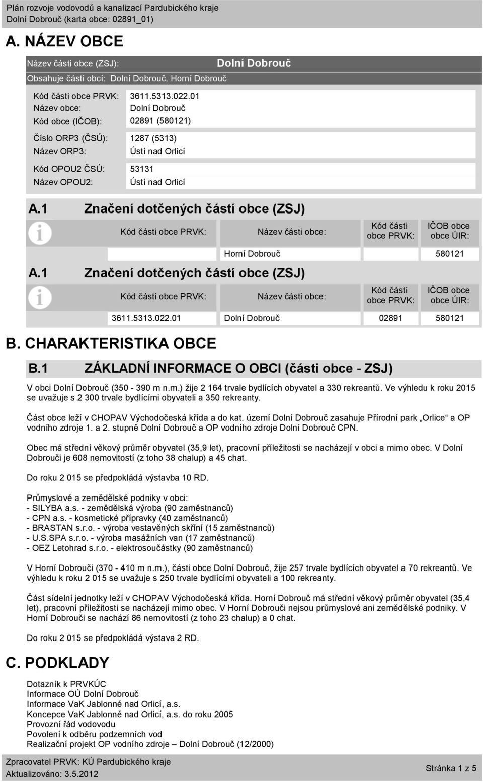 1 Značení dotčených částí obce (ZSJ) Kód části obce PRVK: Název části obce: Kód části obce PRVK: IČOB obce obce ÚIR: A.