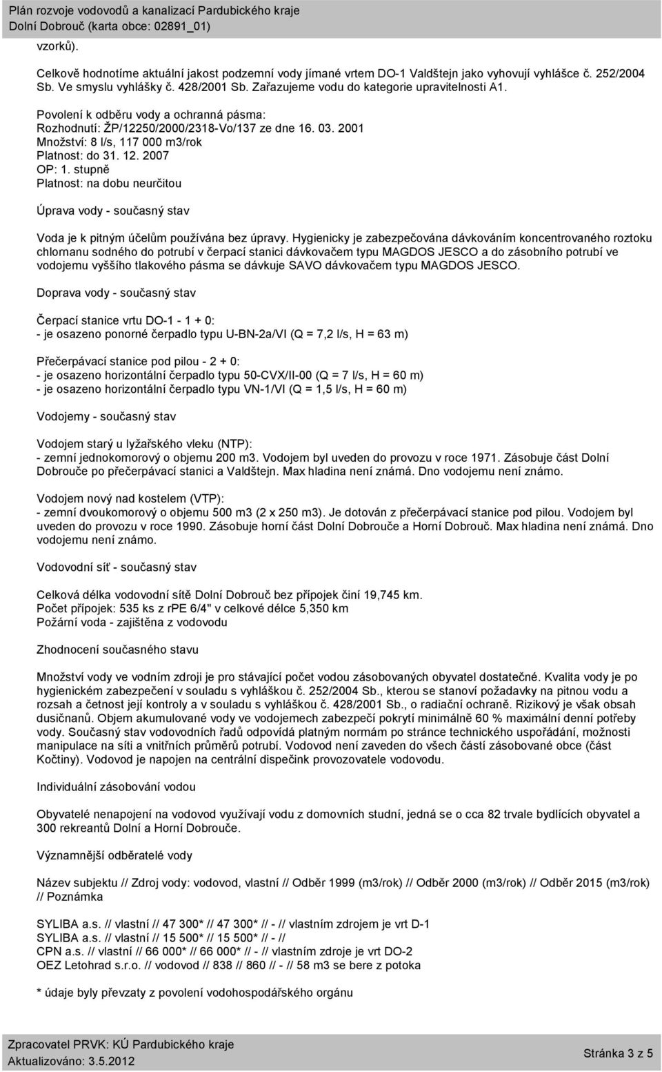 2007 OP: 1. stupně Platnost: na dobu neurčitou Úprava vody - současný stav Voda je k pitným účelům používána bez úpravy.