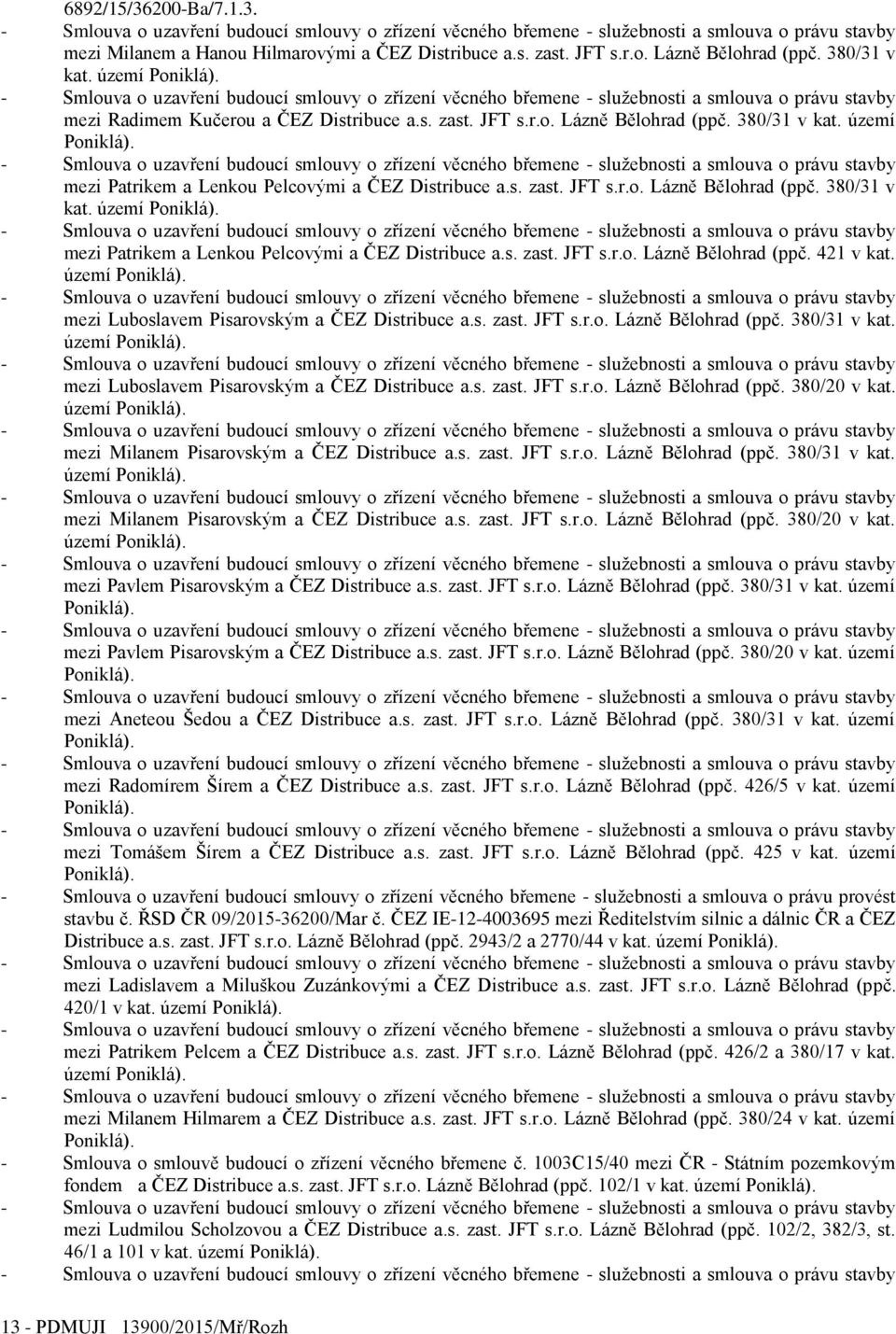 území mezi Luboslavem Pisarovským a ČEZ Distribuce a.s. zast. JFT s.r.o. Lázně Bělohrad (ppč. 380/31 v kat. území mezi Luboslavem Pisarovským a ČEZ Distribuce a.s. zast. JFT s.r.o. Lázně Bělohrad (ppč. 380/20 v kat.