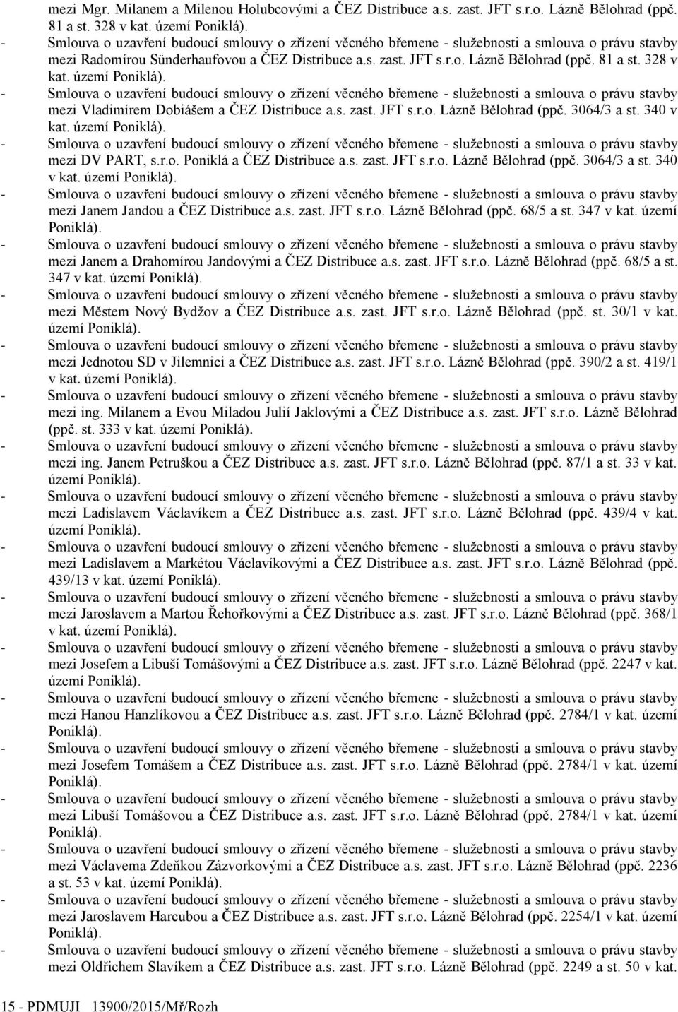 s. zast. JFT s.r.o. Lázně Bělohrad (ppč. 68/5 a st. 347 v kat. území mezi Janem a Drahomírou Jandovými a ČEZ Distribuce a.s. zast. JFT s.r.o. Lázně Bělohrad (ppč. 68/5 a st. 347 v kat. území mezi Městem Nový Bydžov a ČEZ Distribuce a.