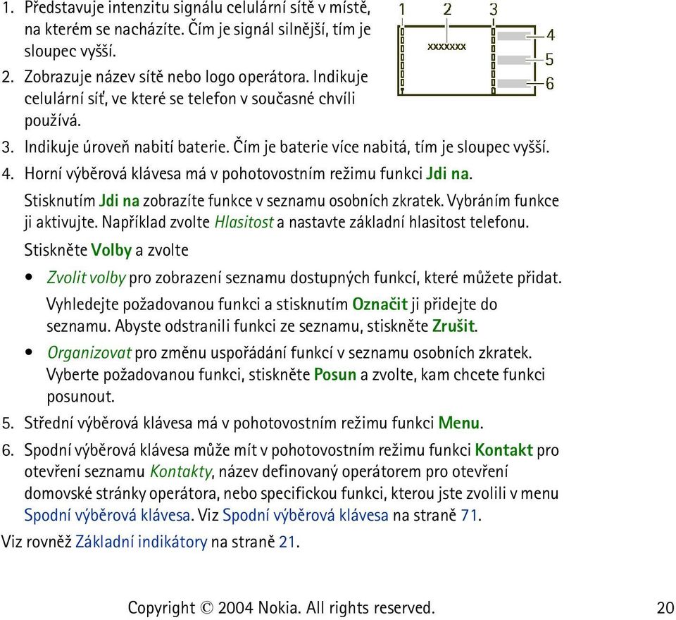 Horní výbìrová klávesa má v pohotovostním re¾imu funkci Jdi na. Stisknutím Jdi na zobrazíte funkce v seznamu osobních zkratek. Vybráním funkce ji aktivujte.