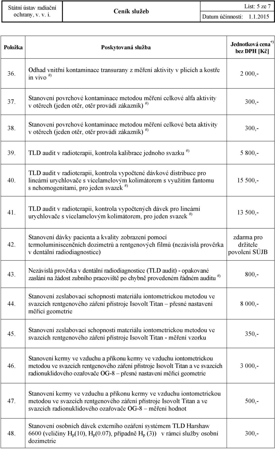 Stanovení povrchové kontaminace metodou měření celkové beta aktivity v otěrech (jeden otěr, otěr provádí zákazník) #) 300,- 39.