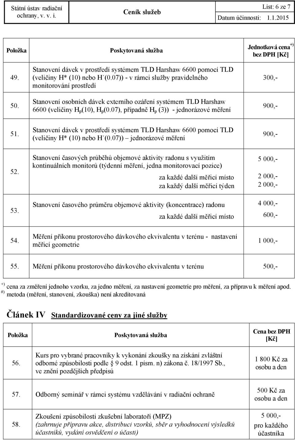 07), případně H p (3)) - jednorázové měření 300,- 900,- 51. Stanovení dávek v prostředí systémem TLD Harshaw 6600 pomocí TLD (veličiny H* (10) nebo H (0.07)) jednorázové měření 900,- 52. 53.