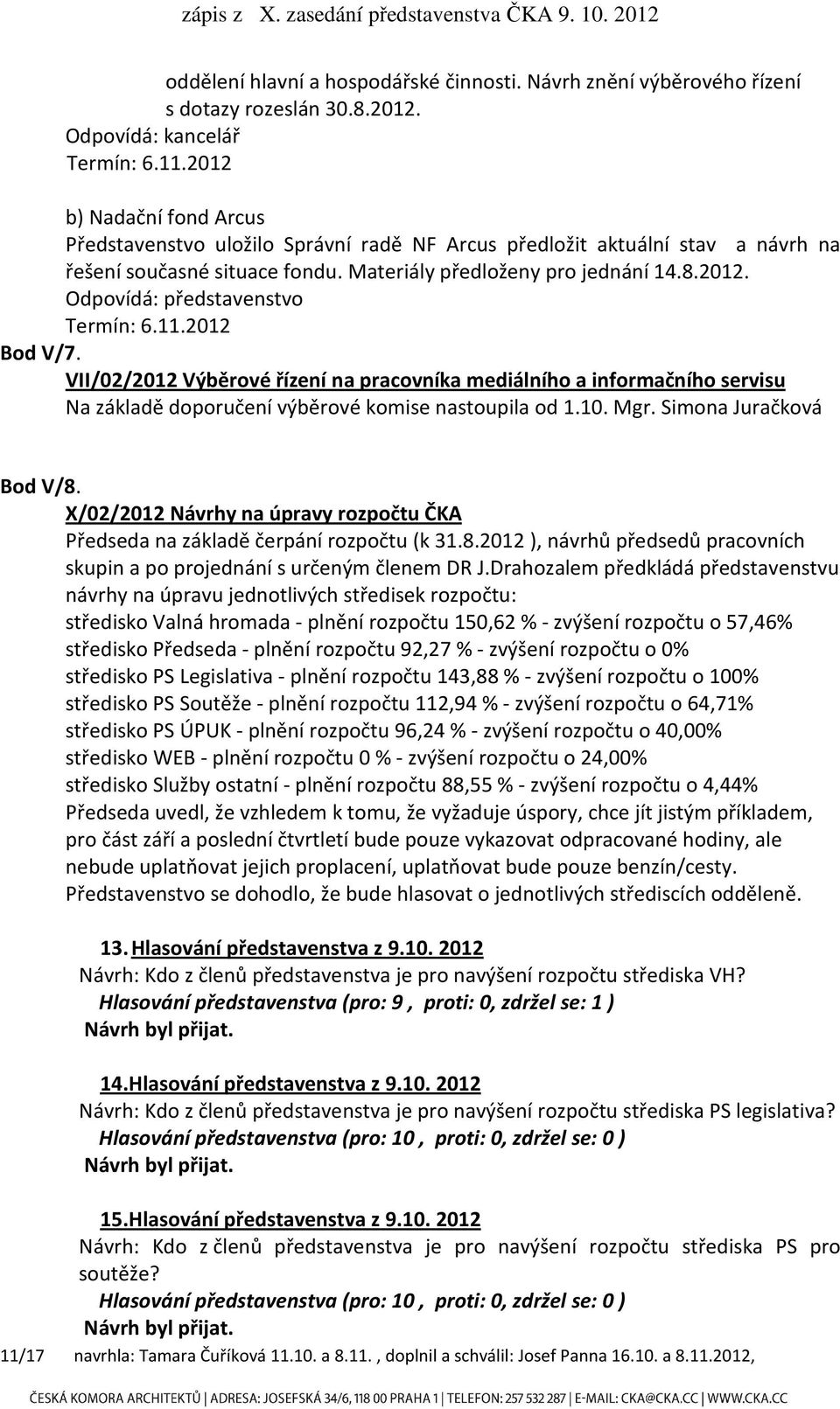 Odpovídá: představenstvo Bod V/7. VII/02/2012 Výběrové řízení na pracovníka mediálního a informačního servisu Na základě doporučení výběrové komise nastoupila od 1.10. Mgr. Simona Juračková Bod V/8.