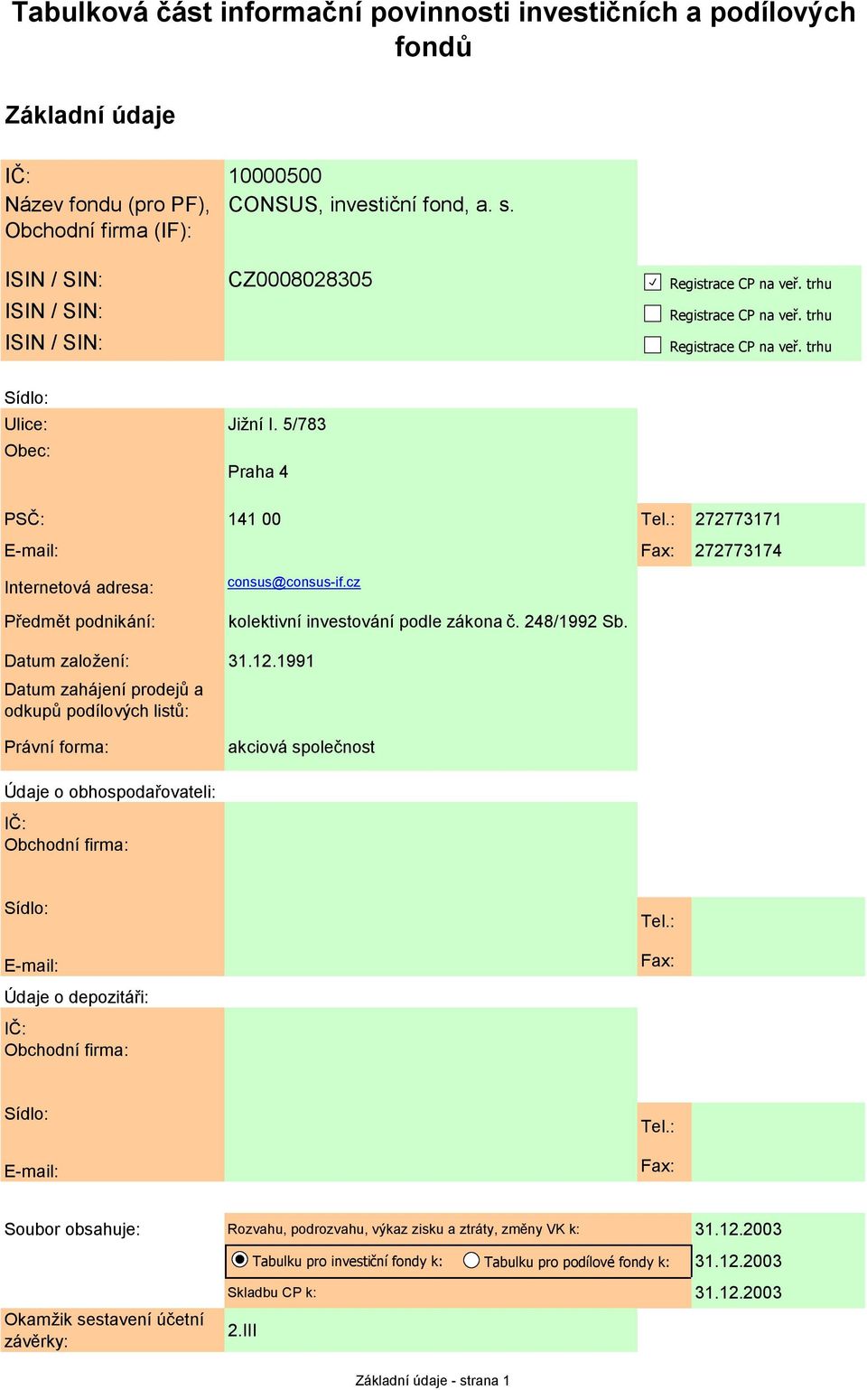 5/783 Obec: Praha 4 PSČ: 141 00 Tel.: 272773171 E-mail: Fax: 272773174 Internetová adresa: Předmět podnikání: consus@consus-if.cz kolektivní investování podle zákona č. 248/1992 Sb.