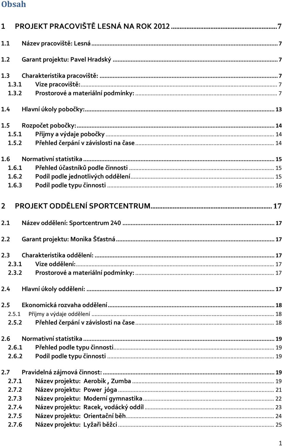 .. 15 1.6.2 Podíl podle jednotlivých oddělení... 15 1.6.3 Podíl podle typu činnosti... 16 2 PROJEKT ODDĚLENÍ SPORTCENTRUM... 17 2.1 Název oddělení: Sportcentrum 240... 17 2.2 Garant projektu: Monika Šťastná.