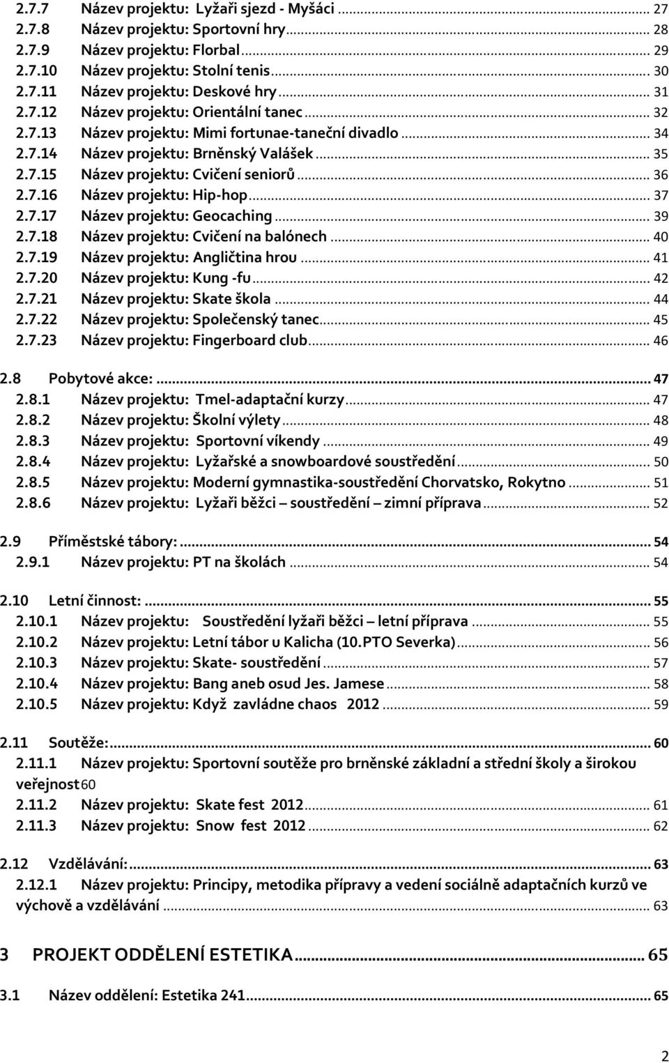 .. 36 2.7.16 Název projektu: Hip-hop... 37 2.7.17 Název projektu: Geocaching... 39 2.7.18 Název projektu: Cvičení na balónech... 40 2.7.19 Název projektu: Angličtina hrou... 41 2.7.20 Název projektu: Kung -fu.