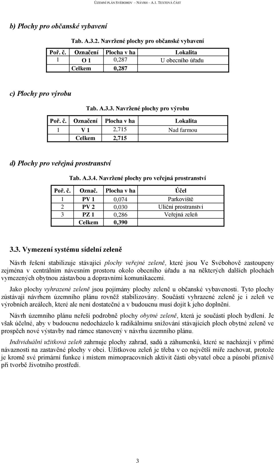 3. Vymezení systému sídelní zeleně Návrh řešení stabilizuje stávající plochy veřejné zeleně, které jsou Ve Svébohově zastoupeny zejména v centrálním návesním prostoru okolo obecního úřadu a na