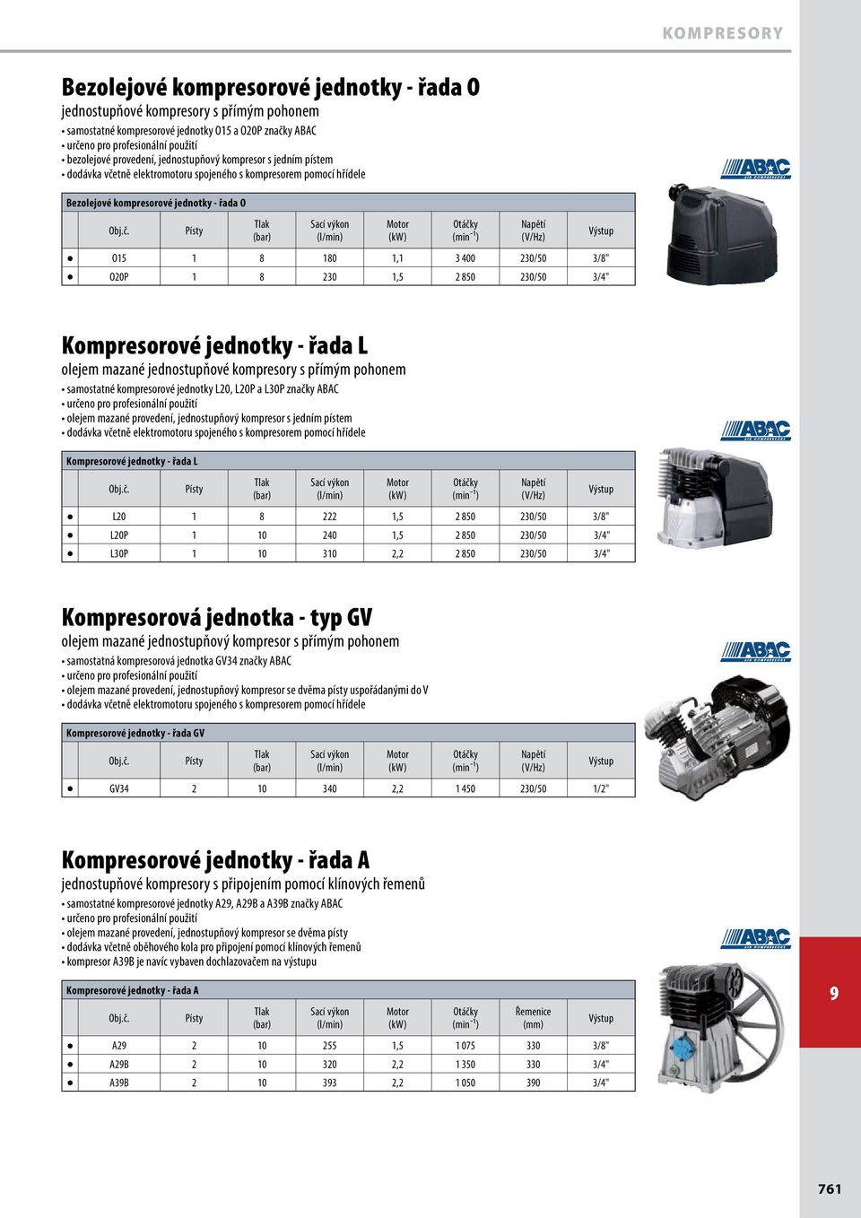 Tlak (bar) Sací výkon (l/min) Motor (kw) Otáčky (min ¹) (V/Hz) L20 1 8 222 1,5 2 850 230/50 3/8" L20P 1 10 240 1,5 2 850 230/50 3/4" L30P 1 10 310 2,2 2 850 230/50 3/4" Výstup Kompresorová jednotka -