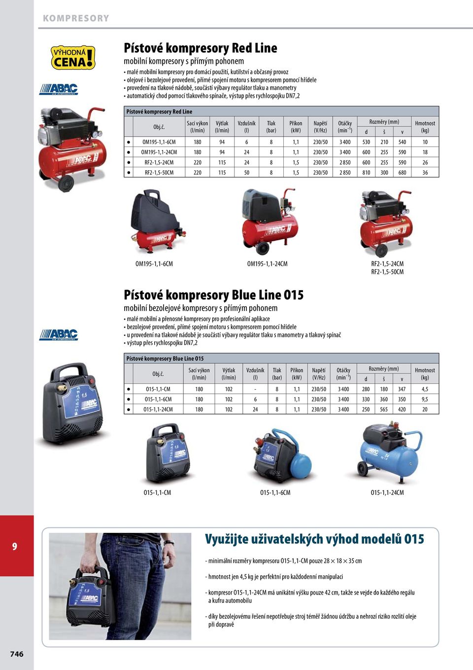 1,5 230/50 2 850 810 300 680 36 OM15-1,1-6CM OM15-1,1-24CM RF2-1,5-24CM RF2-1,5-50CM Pístové kompresory Blue Line O15 mobilní bezolejové kompresory s přímým pohonem Pístové kompresory Blue Line O15